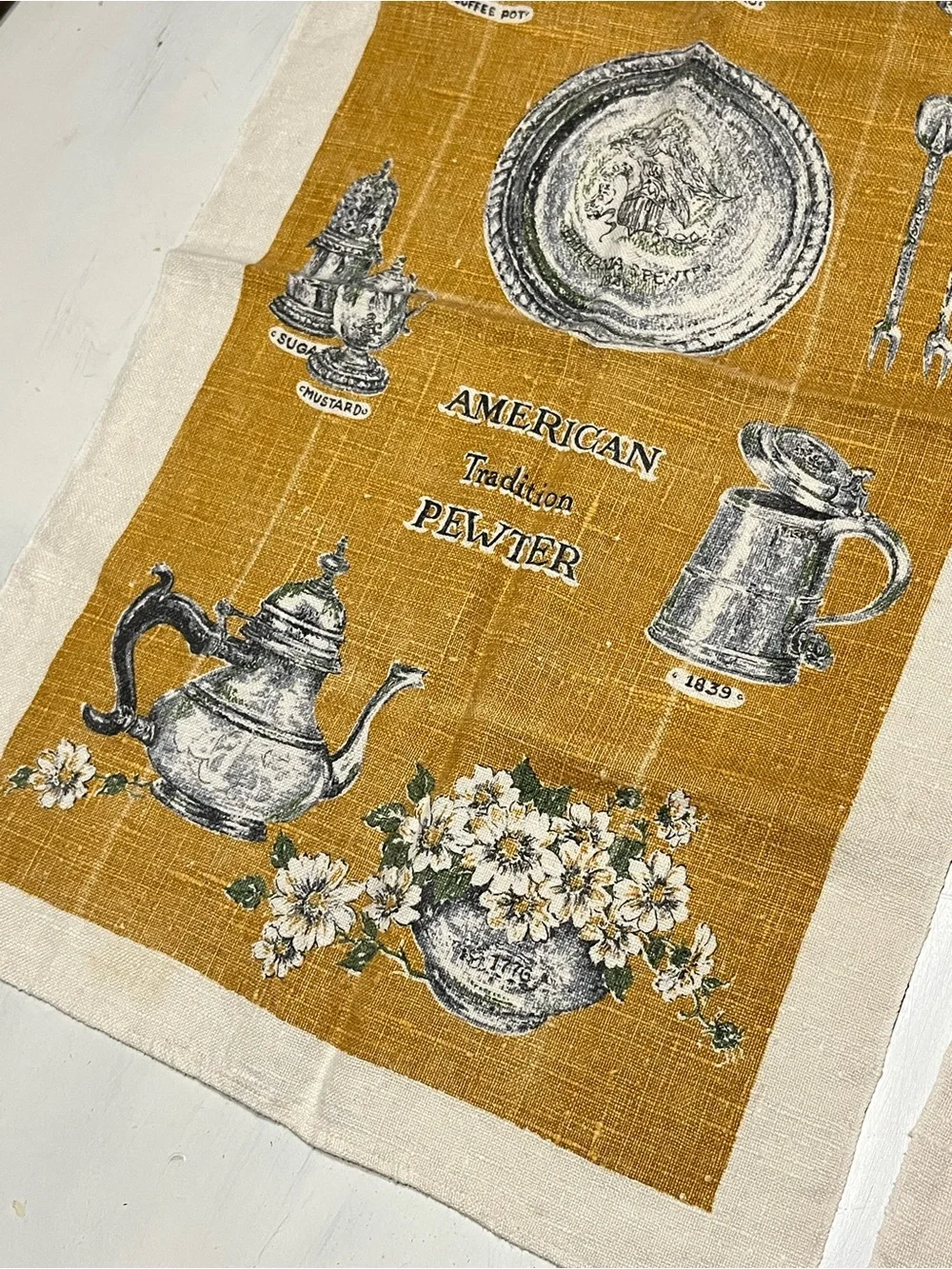 Vintage Kay Dee 100% Linen Hand Printed American Tradition Pewter Tea Towels